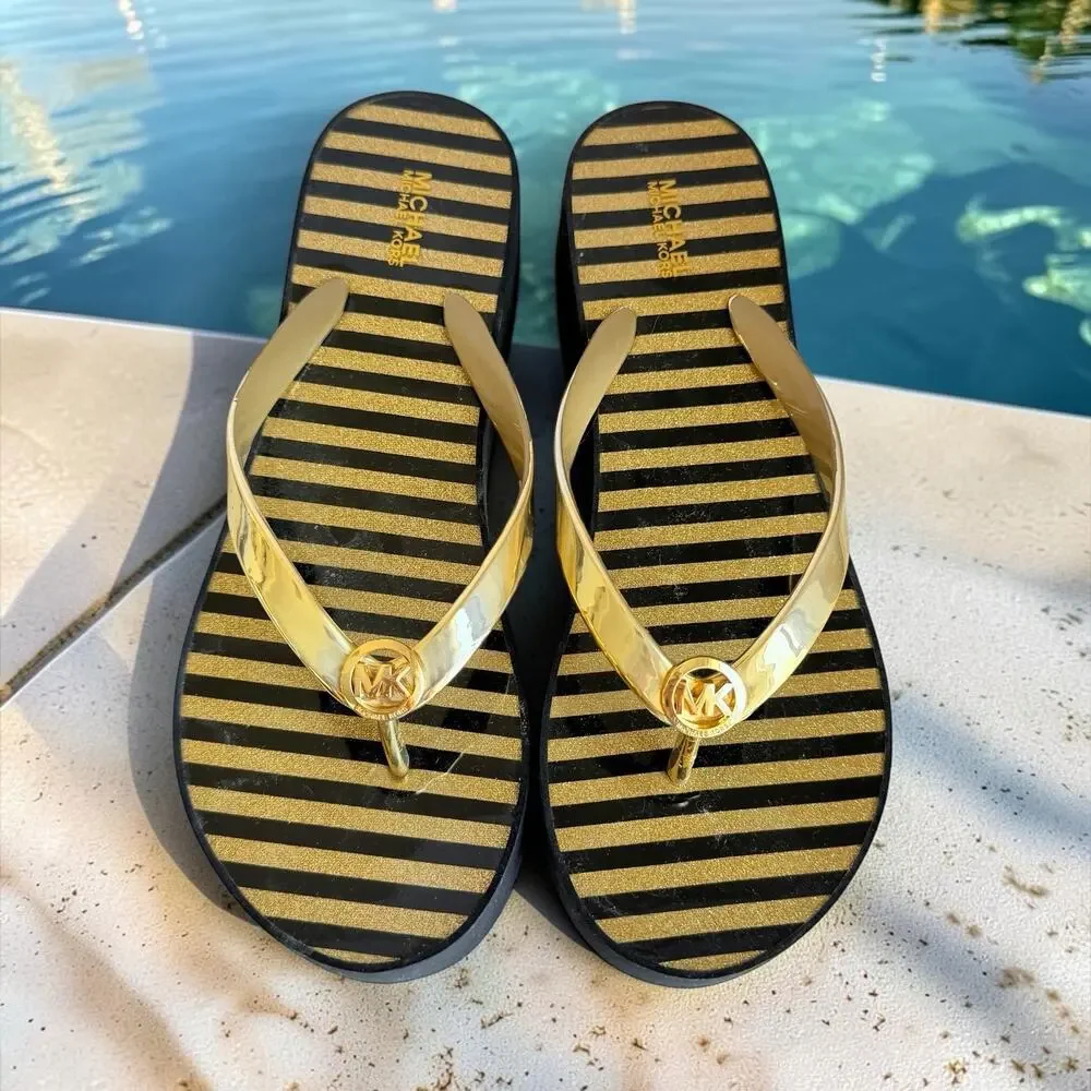 Michael Kors MK Platform Flip Flops Black Gold Striped Sandals Womens Sz 8